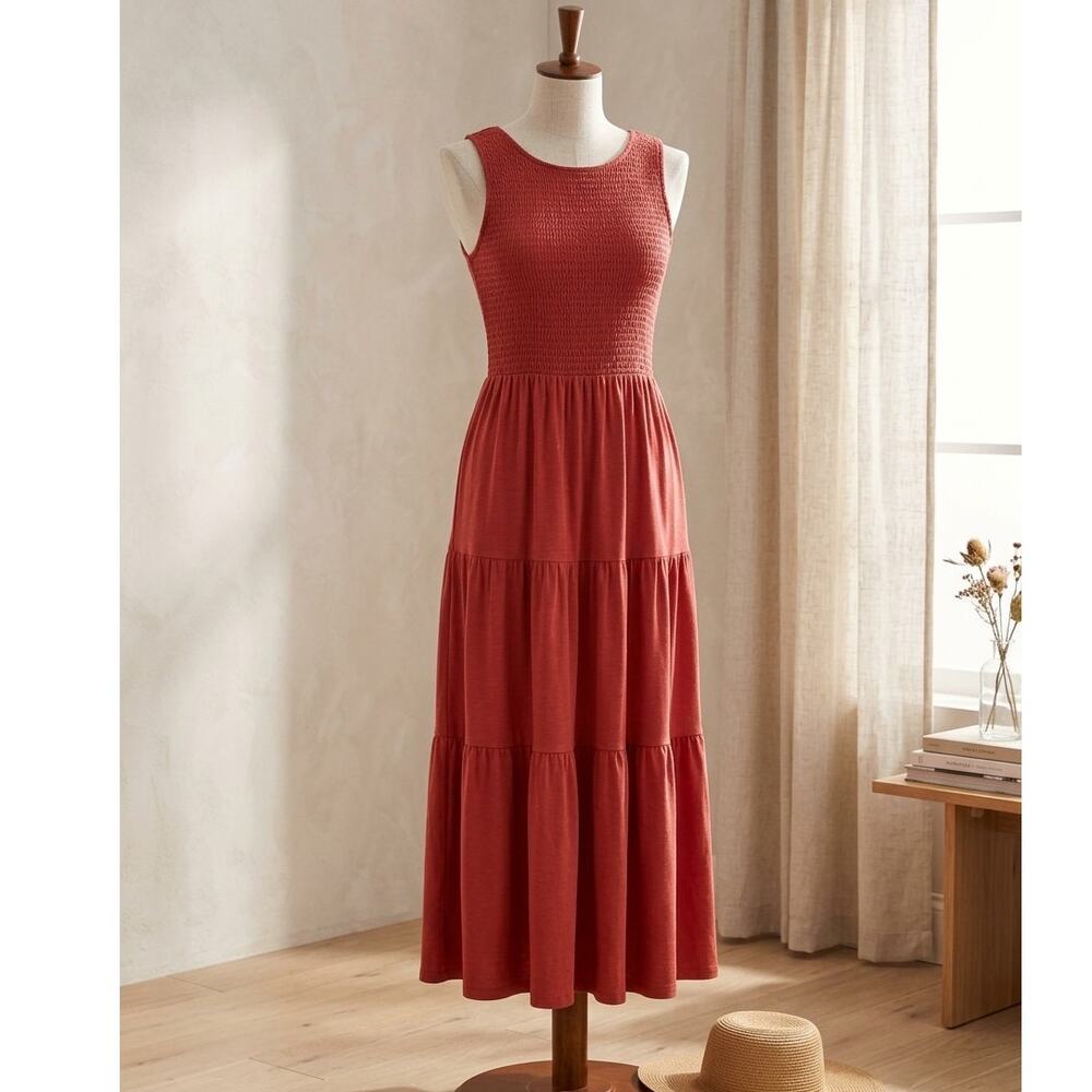 J. Jill Smocked Tiered Maxi Dress Terracotta Rust Red - Women's Size S NWOT
